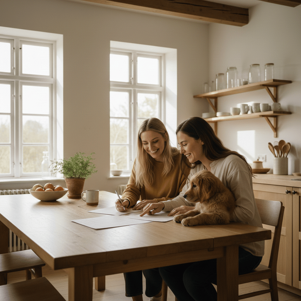 Picture of a dogowner and a buyer signing papers