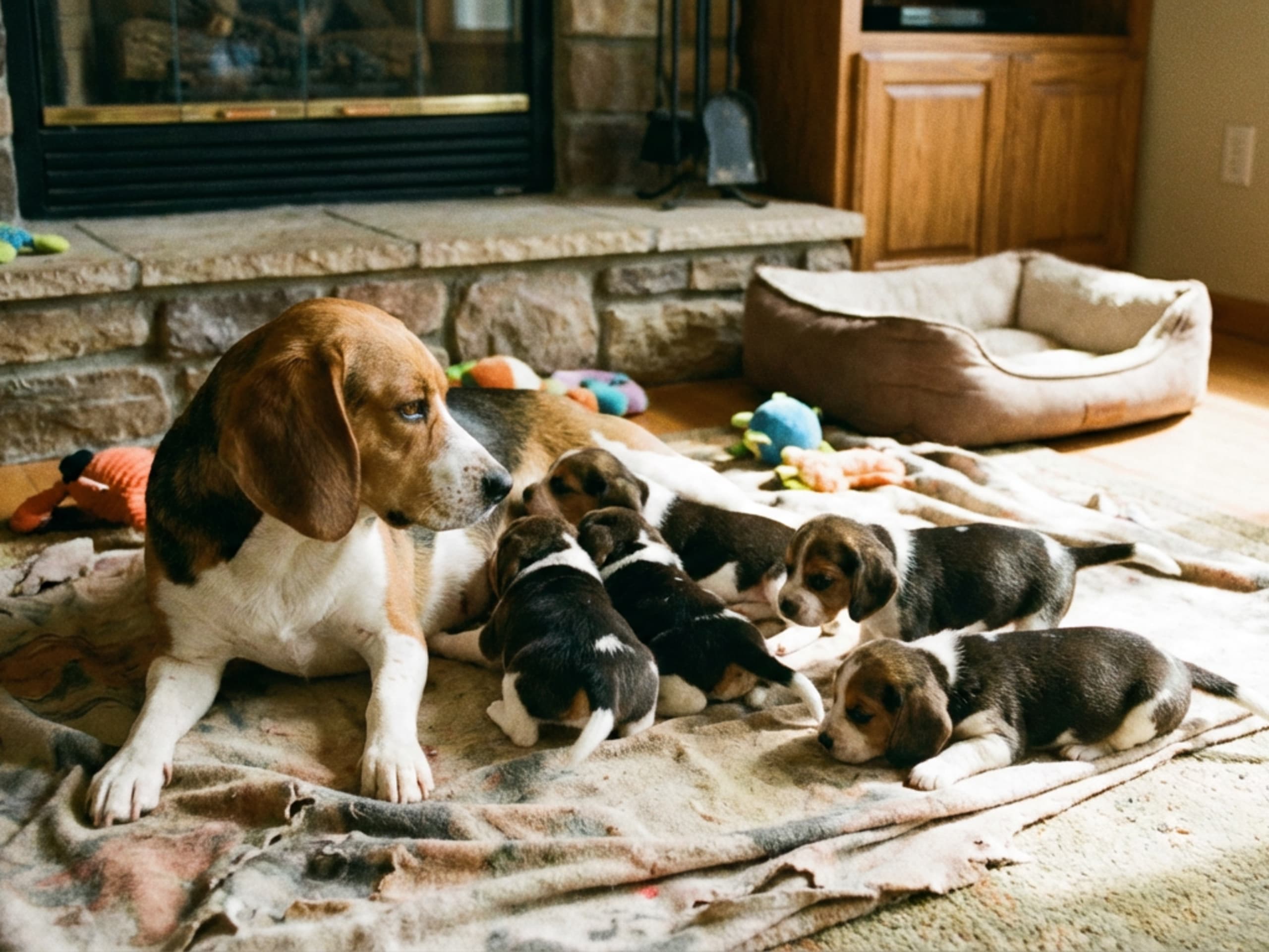 Hundmamma som ligger tillsammans med sina valpar