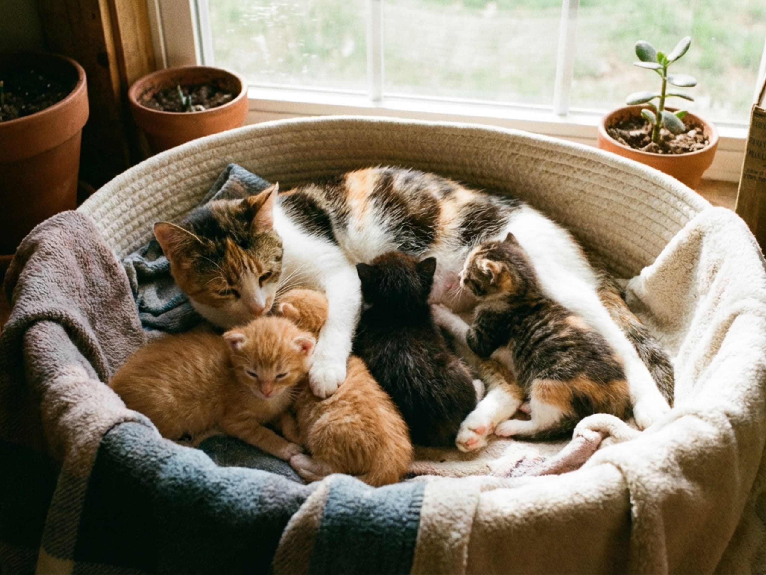 Kattmamma som ligger tillsammans med sina kattungar