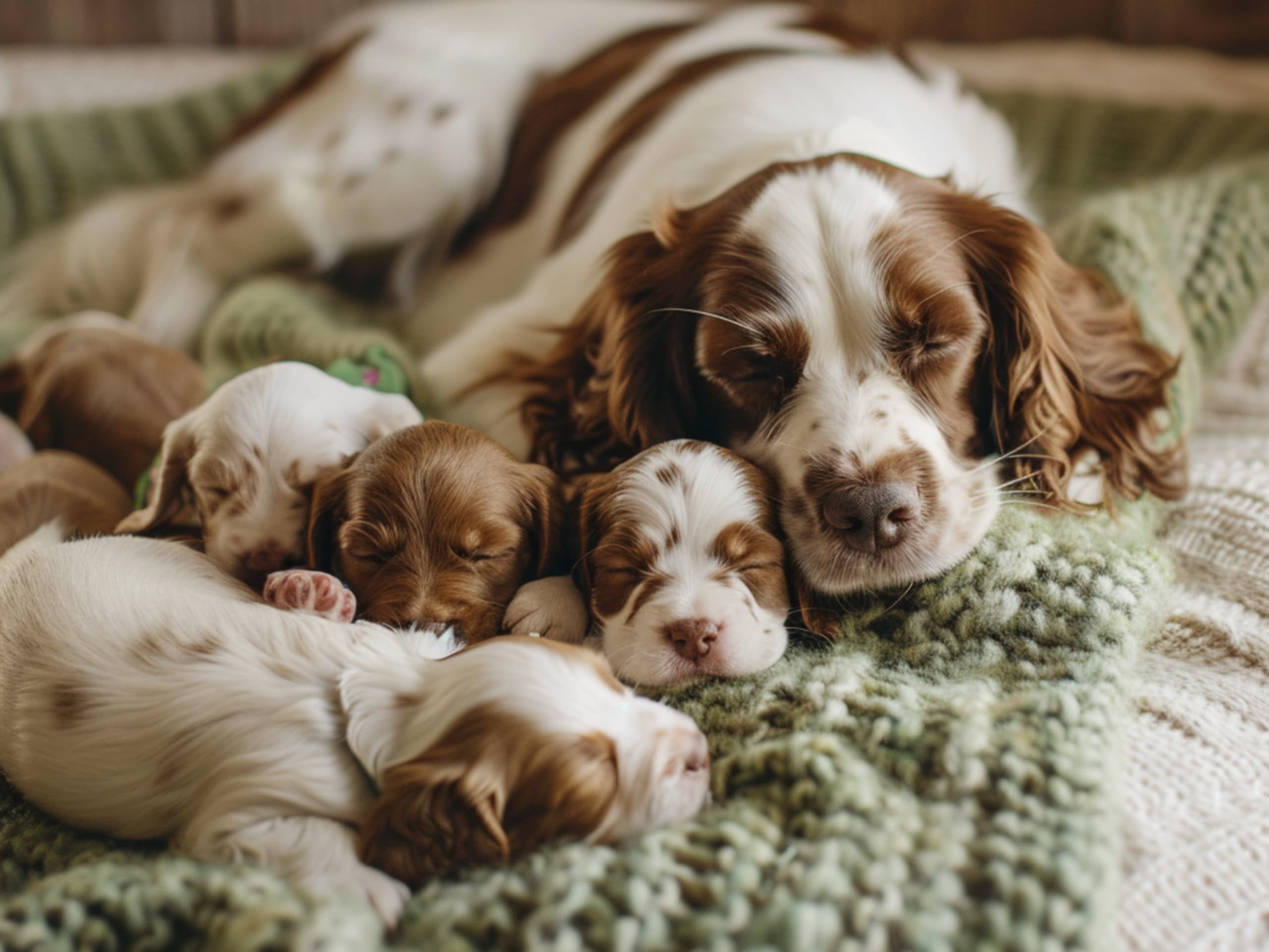 Springer Spaniel mamma med sina valpar